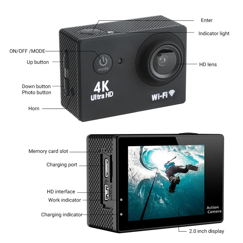 Ultra HD 4K/30fps WiFi 2.0-inch 170D Waterproof Helmet Video Recording Action Camera